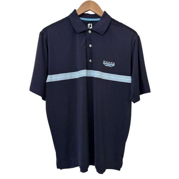 FootJoy Mens Size Large Navy Striped Performance Polo Shirt Havana Country Club - Picture 1 of 8